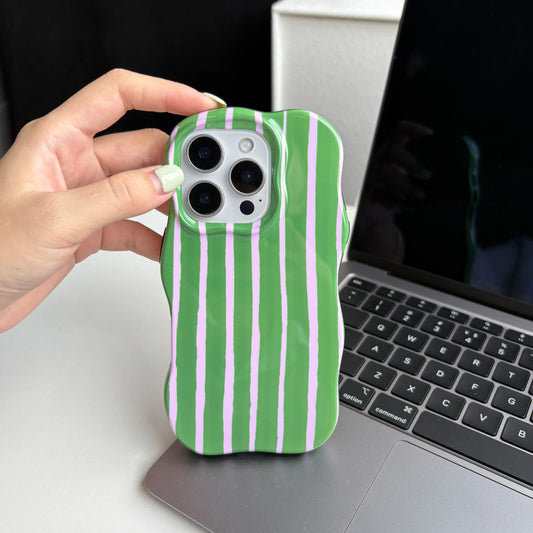 Fashion Simple Green Yellow Stripes Wavy Edges 2-in-1 Glossy Soft Protective Phone Case Cover for iPhone 16 15 14 13 12 Pro Max