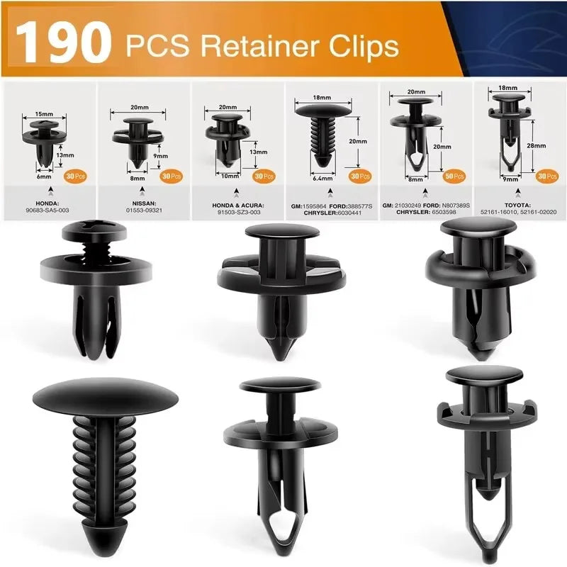 190 Pcs Auto Plastic Buckle Bumper Clips Fixing Nail Kit 6 Styles Plastic Retainer Fasteners Clip Car Body Push Rivets Parts
