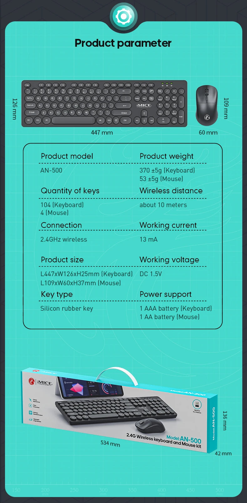 Wireless Keyboard and Mouse Combo - Full Size Wired Backlit Gaming Keycaps Optical Mouse with Adjustable DPI for Business Office