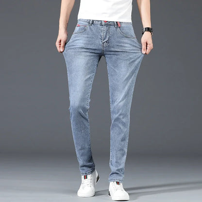 2024 New Men's Cotton Business Casual Skinny Jeans Trendy Fashionable Stretch Straight Slim Denim Trousers Male Blue Grey