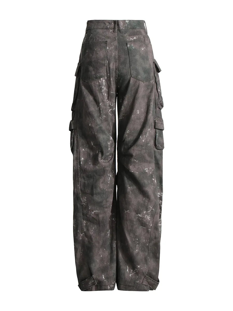 Trendy Women's Denim Workwear | Street Style Black & Grey Multi-Pocket Jeans | American Casual High-Waist Functional Design