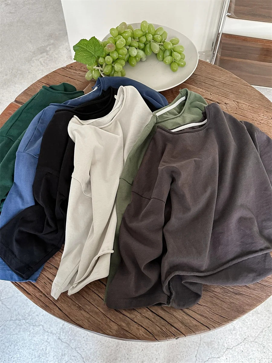 Korean Children's Clothes 2025 Kids Boys 0-3Y Baby Girls Cotton Solid Color Long Sleeve Loose Fit Base Layer Soft Wear Top