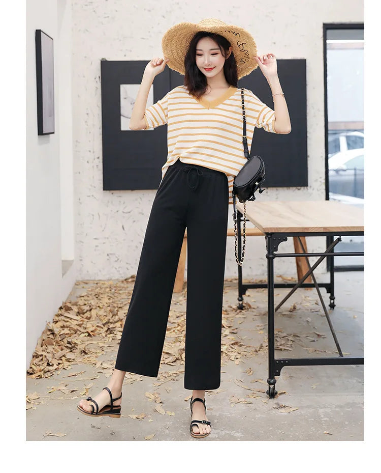 Women Ankle-Length Wide Leg Pants Casual Summer Solid Elastic Waist Loose Ice Silk Pants Spring Summer Female Trousers