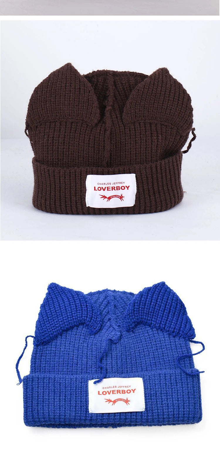 Winter Skullies Hat Unisex Cat Ear Hat Warm Crochet Knitted Hat Costume Beanie Hat Women Christmas Gift Hip-hop Cap Cold Hat