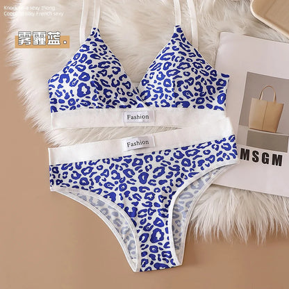 Women Seamless Bra Set Low Waist Panties Leopard Bralette Sexy Lingerie Set Vneck Sport Brassiere Female Cotton Underwear Set