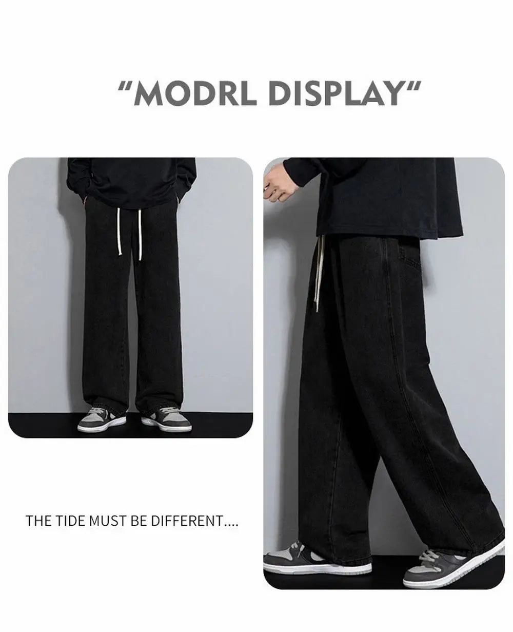 Dragging Streetwear Loose Jeans Men Korean Style Fashion Loose Straight Wide Leg Pant Men's Brand Clothing Black Light Blue Grey