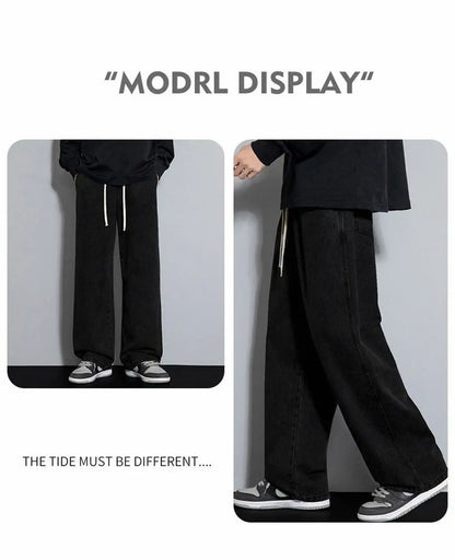 Dragging Streetwear Loose Jeans Men Korean Style Fashion Loose Straight Wide Leg Pant Men's Brand Clothing Black Light Blue Grey