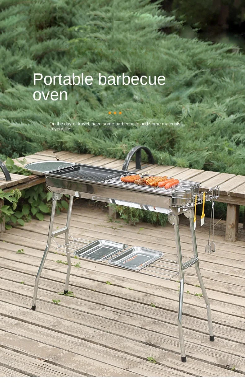 Outdoor Stainless Steel Charcoal Grill Large Size Barbecue Tool Portable Free Installation Handle Folding BBQ Cooking