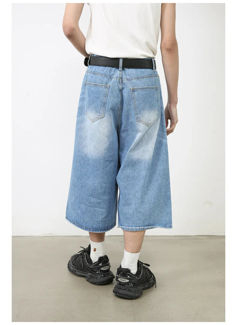 Harajuku Vintage High Waist Black Retro Washed Denim Shorts Women's Fashion Casual Loose Fit Y2K Streetwear Mid Long Short