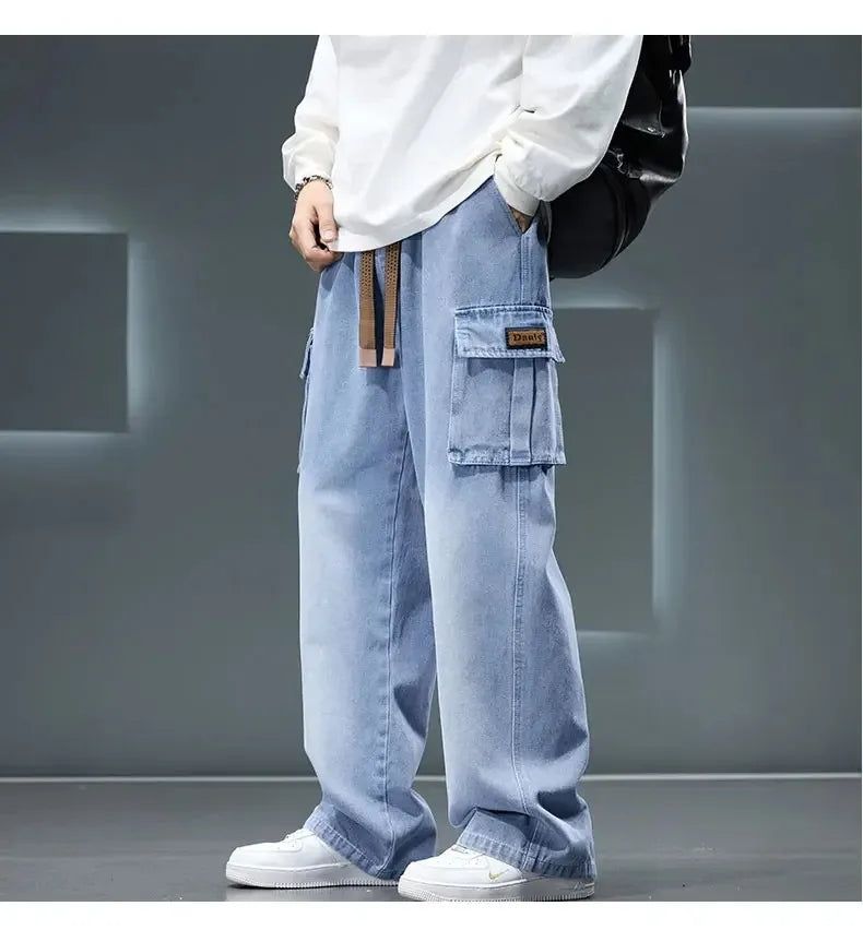 8XL Jeans New Wide Leg Washing Pants Men Trousers Neutral Solid Color Loose Casual Korean Fashion Pocket Plus Size Cargo Pant
