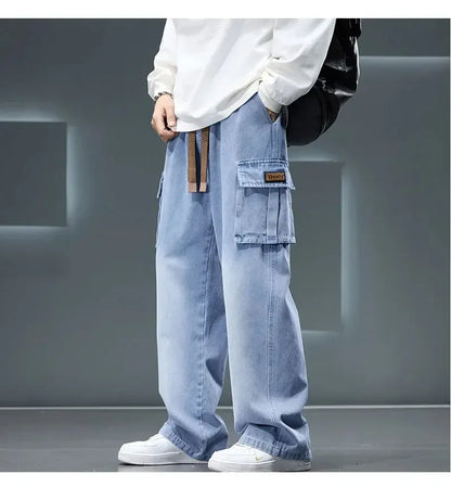 8XL Jeans New Wide Leg Washing Pants Men Trousers Neutral Solid Color Loose Casual Korean Fashion Pocket Plus Size Cargo Pant