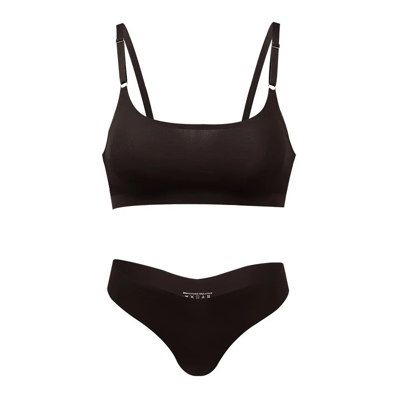 Hot Sale High Quality Latest Design Us Size Stylish Solid Ice Silk Seamless Wireless Bras And Women Underwear Set
