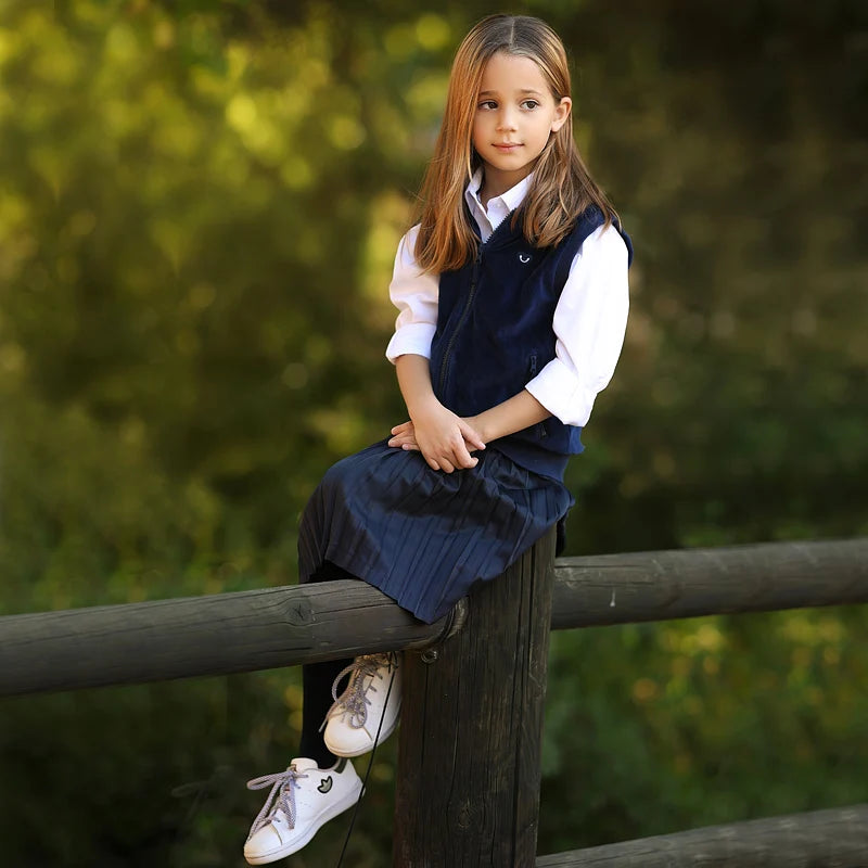 Kids school clothes boy/girl school vest navy velour lining hooded outside jacket front zippers and embroided heart kids tops