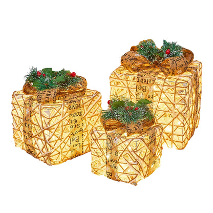 Christmas Foldable Lighted Metal Boxes 25/20/15CM Set of 3 Battery Operated for Outdoor Indoor Christmas Tree/Yard/Home Decor