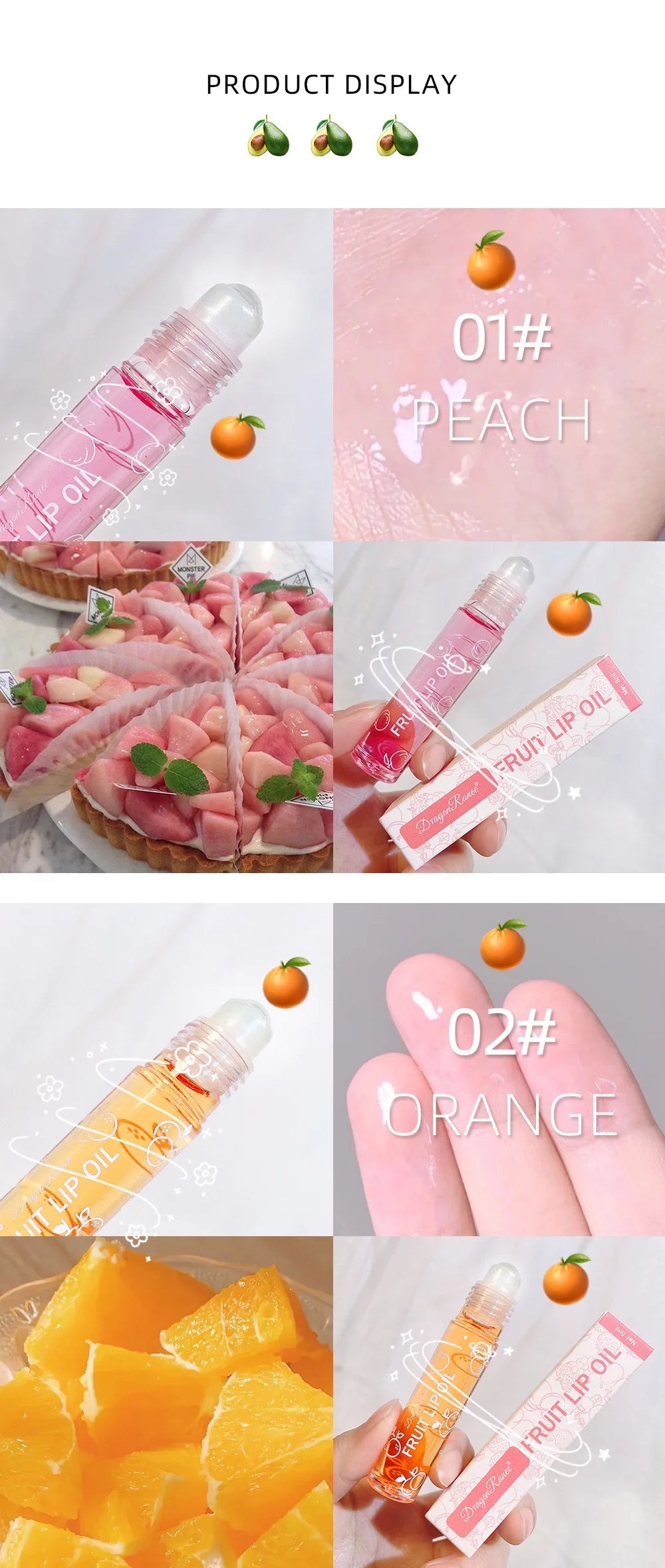 Hydrating Lip Oil Roller Gloss Moisturizing Nourishing Lip Balm Transparent Colorless Fruit Avocado Lip Care
