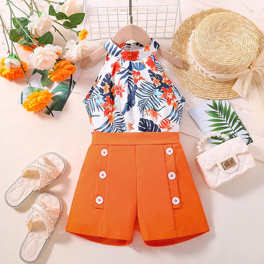 Kids Clothes Sets For Girls 4-7 Years Hanging Neck Sleeveless Top And Orange Shorts Summer Casual Vocation Party Two Piece Set