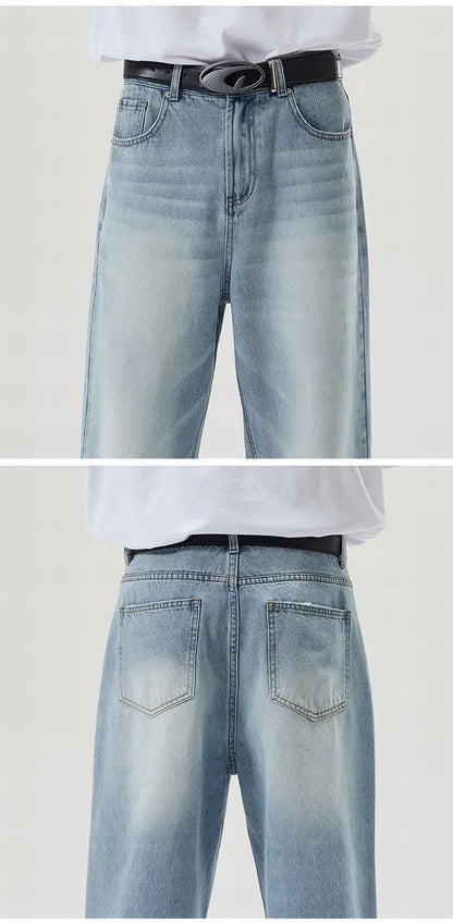 Vintage Distressed Men's Baggy Straight Jeans Spring Autumn Korean High Street Moustache Effect Denim Pants Streetwear Trousers