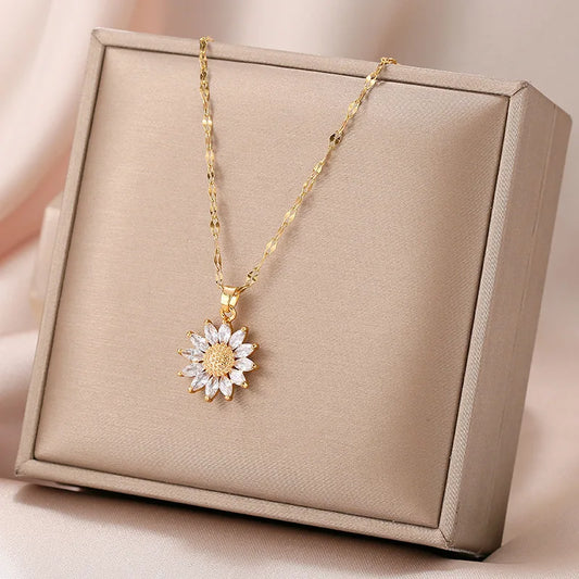 Gold Plated Sunflower Necklace for Women – Titanium Steel Zircon Pendant, Korea Style Luxury Choker Jewelry