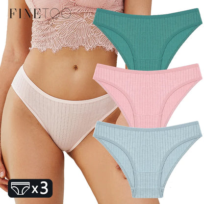 FINETOO 3PCS/SET Women's Cotton Panties Soft Striped Underpants Sexy Solid Color Briefs Female Comfortable Stretch Lingerie M-XL