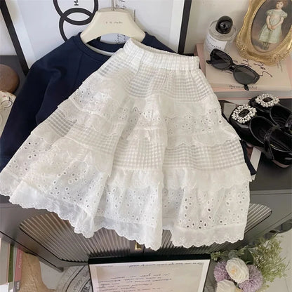 Kids Clothes For Girls Skirts Children Spring Lace Layered Dress Toddler White Casual Long Skirt Kids Fashion Clothing 2-8Y