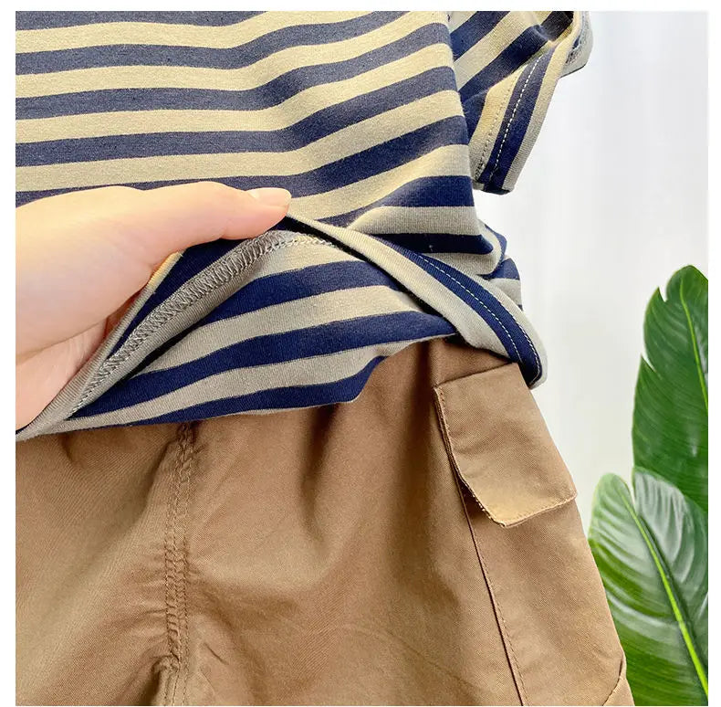 Korean Children's Clothes 2025 Summer Kids Clothes Boys Outfits Baby Thin Short Sleeves Stripe Polo Shirt +Shorts Two Pieces Set