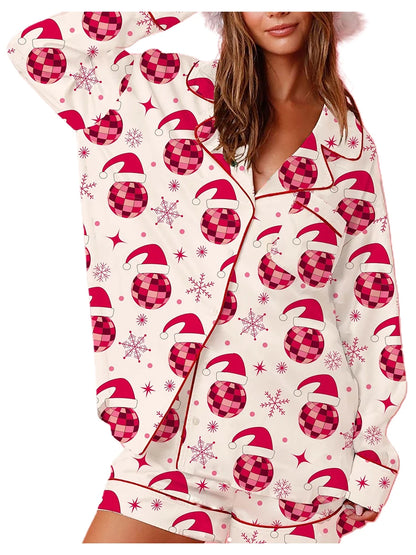 Women s 2 Piece Lounge Set Cozy Reindeer Christmas Tree Print Top and Bottom Pajama Set for Winter Nights