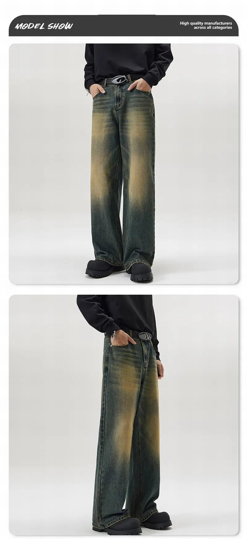 Vintage Distressed Men's Baggy Straight Jeans Spring Autumn Korean High Street Moustache Effect Denim Pants Streetwear Trousers