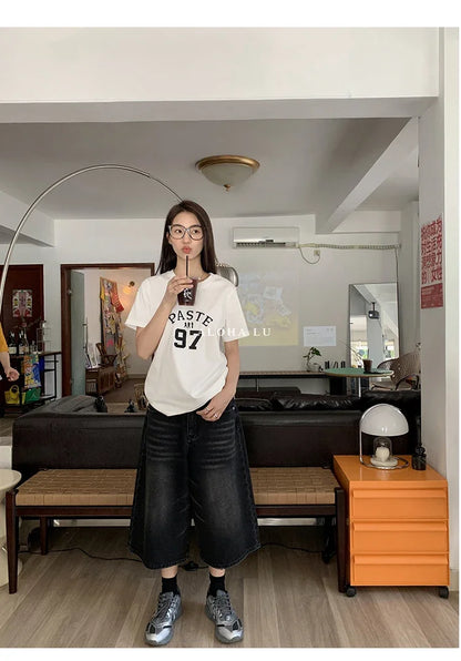 Harajuku Vintage High Waist Black Retro Washed Denim Shorts Women's Fashion Casual Loose Fit Y2K Streetwear Mid Long Short