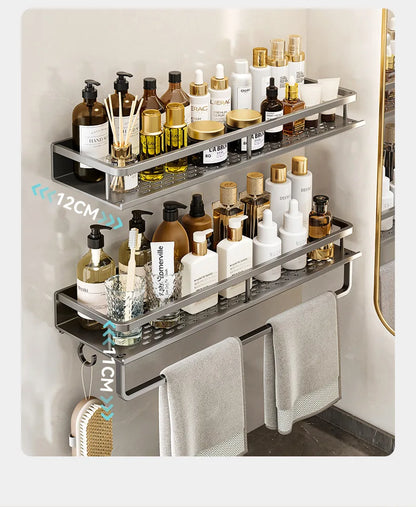 Bathroom storage rack, non perforated washbasin, hand washing and shower area, shower gel wall storage rack