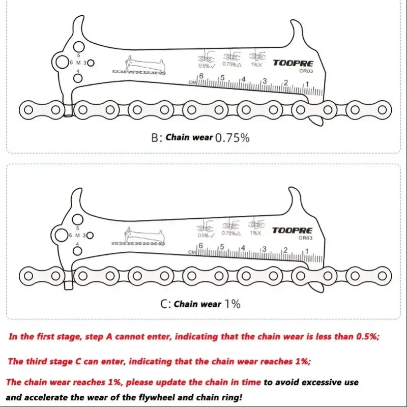 Bicycle Chain Wear Indicator Ruler Repair Tool Stainless Steel Mountain Road Bike Chain Gauge Measurement Checker Screw Diameter