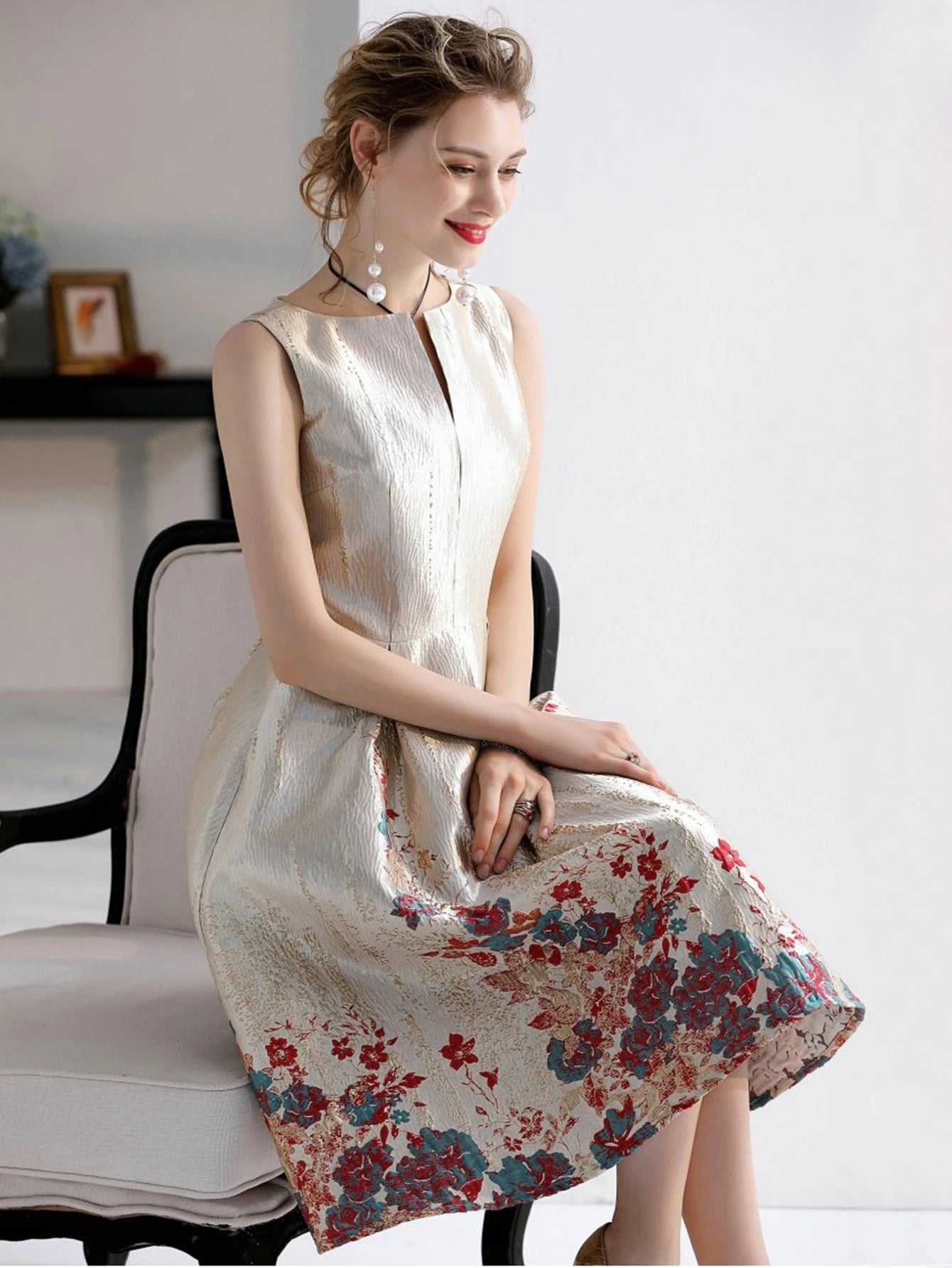 DEVCHATA Luxury Women Fashion High Quality Jacquard A Line Ball Gown Sleeveless Summer Casual Clothing Midi Femme Party Dressses