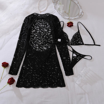 Ellolace Fantasy Sexy Female Lingerie Luring Bra Thong 2PC Set with Hollow Front Mini Dress Intimate See Through Woman Underwear