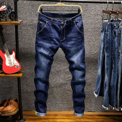 American Elastic Straight Jeans Men Ripped Worn-out Slim-fit Cotton Denim Pants Korean Style Fashion Blue Black Men's Clothing