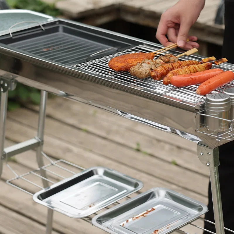 Outdoor Stainless Steel Charcoal Grill Large Size Barbecue Tool Portable Free Installation Handle Folding BBQ Cooking