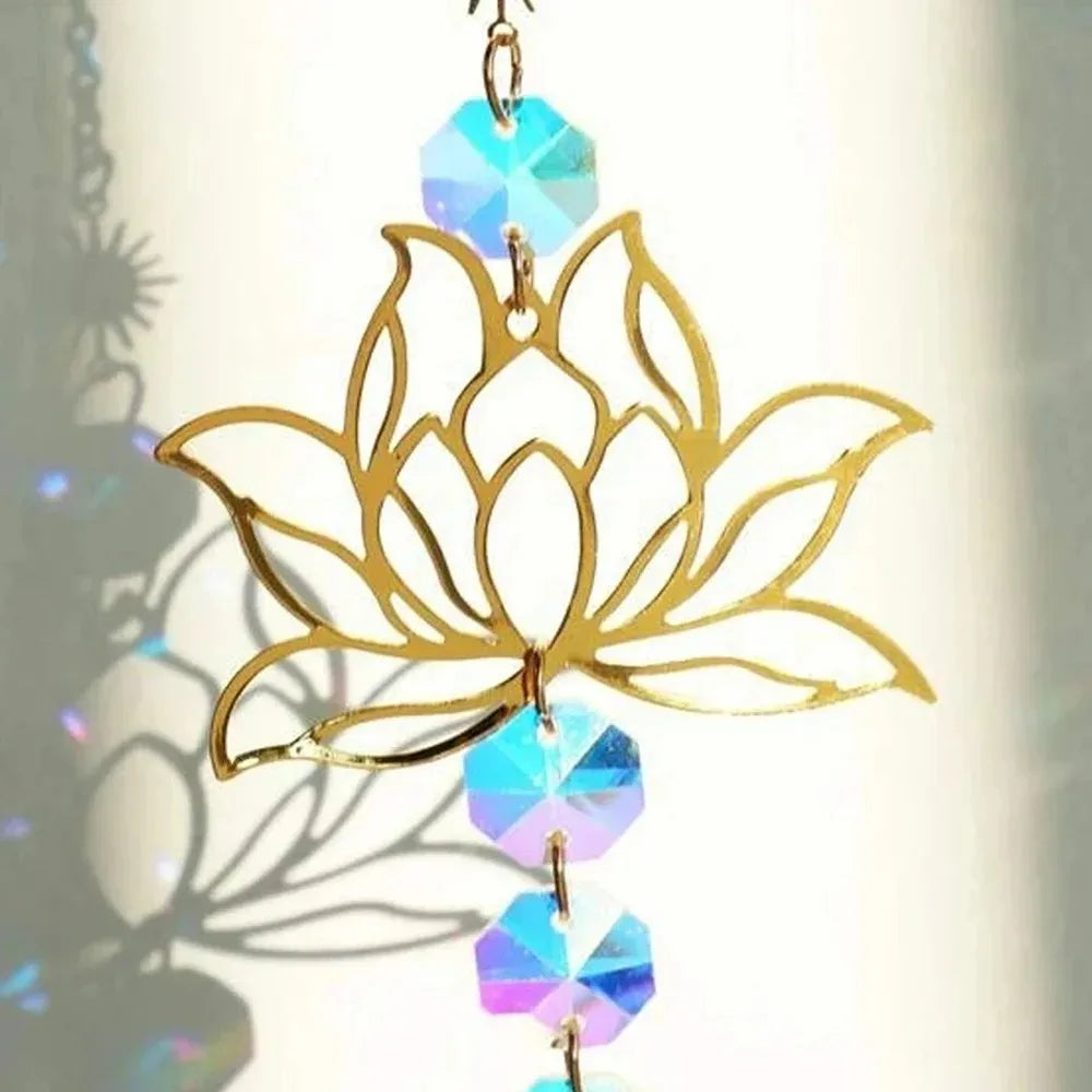 1Pc Metal Lotusand Artificial Crystal Suncatcher Charm Handmade Applicable Home Wind Chime Pendant Outdoor Garden Plant