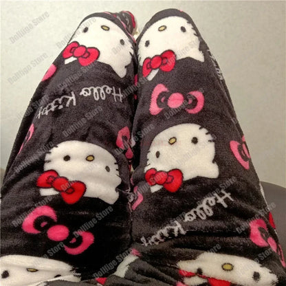 2024 Sanrio Hello Kitty Pajamas Halloween Flannel Fashion Trouserswomen Kawaii Woolen Anime Cartoon Casual Home Pants Autumn