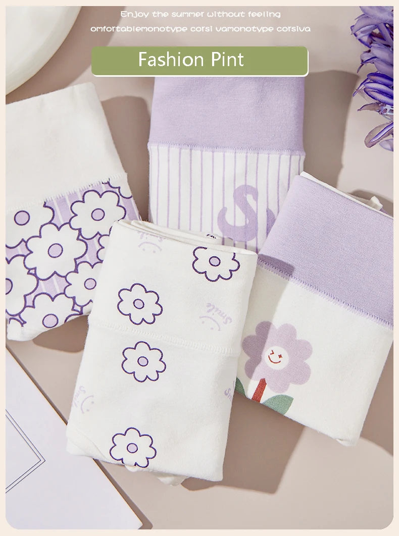 4Pcs/Set Cotton Panties Women High Waist Slimming Underwear Cute Print Young Girls Briefs Plus Size M-4XL Soft Female Lingerie