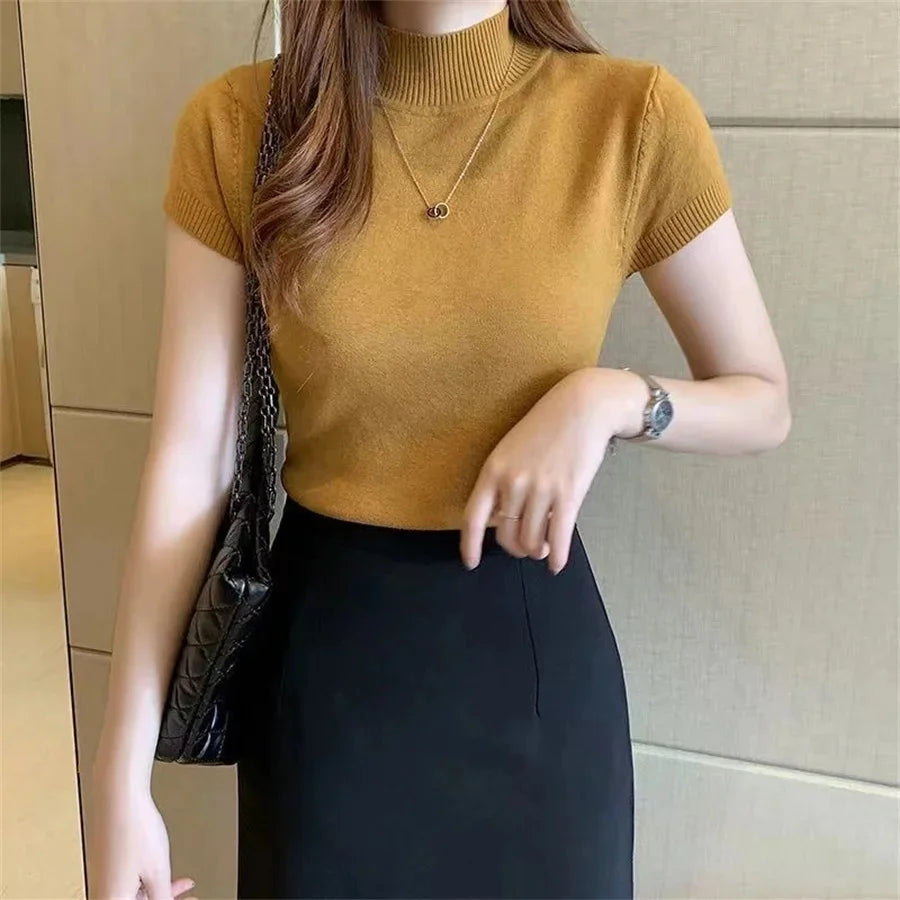 Fashion Woman Blouses Short Sleeve Summer Tops Blouse Women Turtleneck Knitted Blouse Shirt Women Tops Blouses