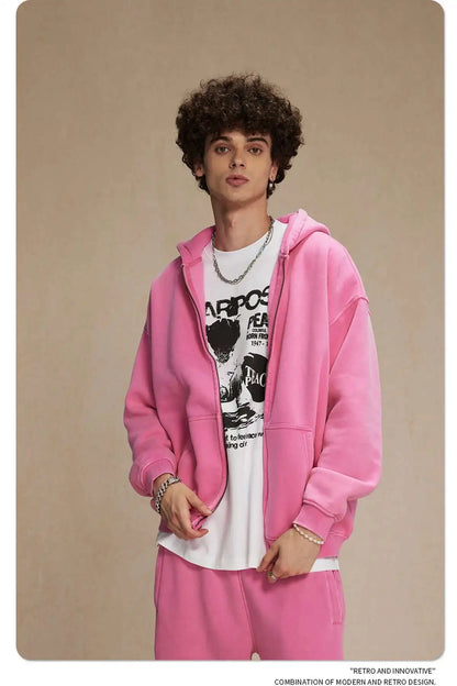 IEFB Men's Wear Wax Printing Vintage Male Hoodies Oversized Loose Zipper Water Washed Plush Sweatshirt Trendy New 9C9349