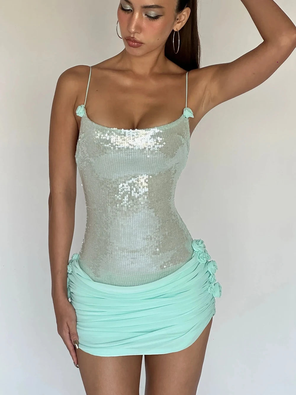 Sequin Sparkly Sexy Mini Dress Sleeveless Backless Tie Up Flower Ruched Prom Dresses Cocktail Evening Gown Wedding Guest Dress