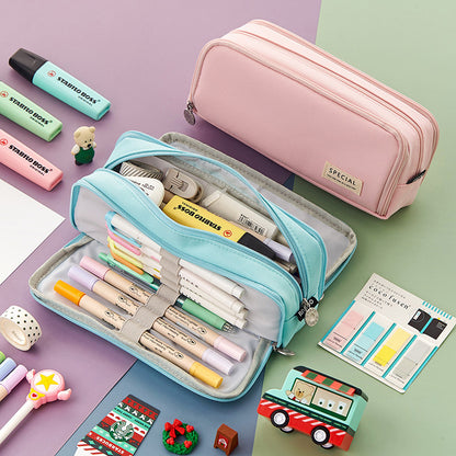 Kawaii Large Capacity Pencil Case 3 Compartment Pouch Pen Bag Double Side Opening Student Stationery Organizer School Supplies
