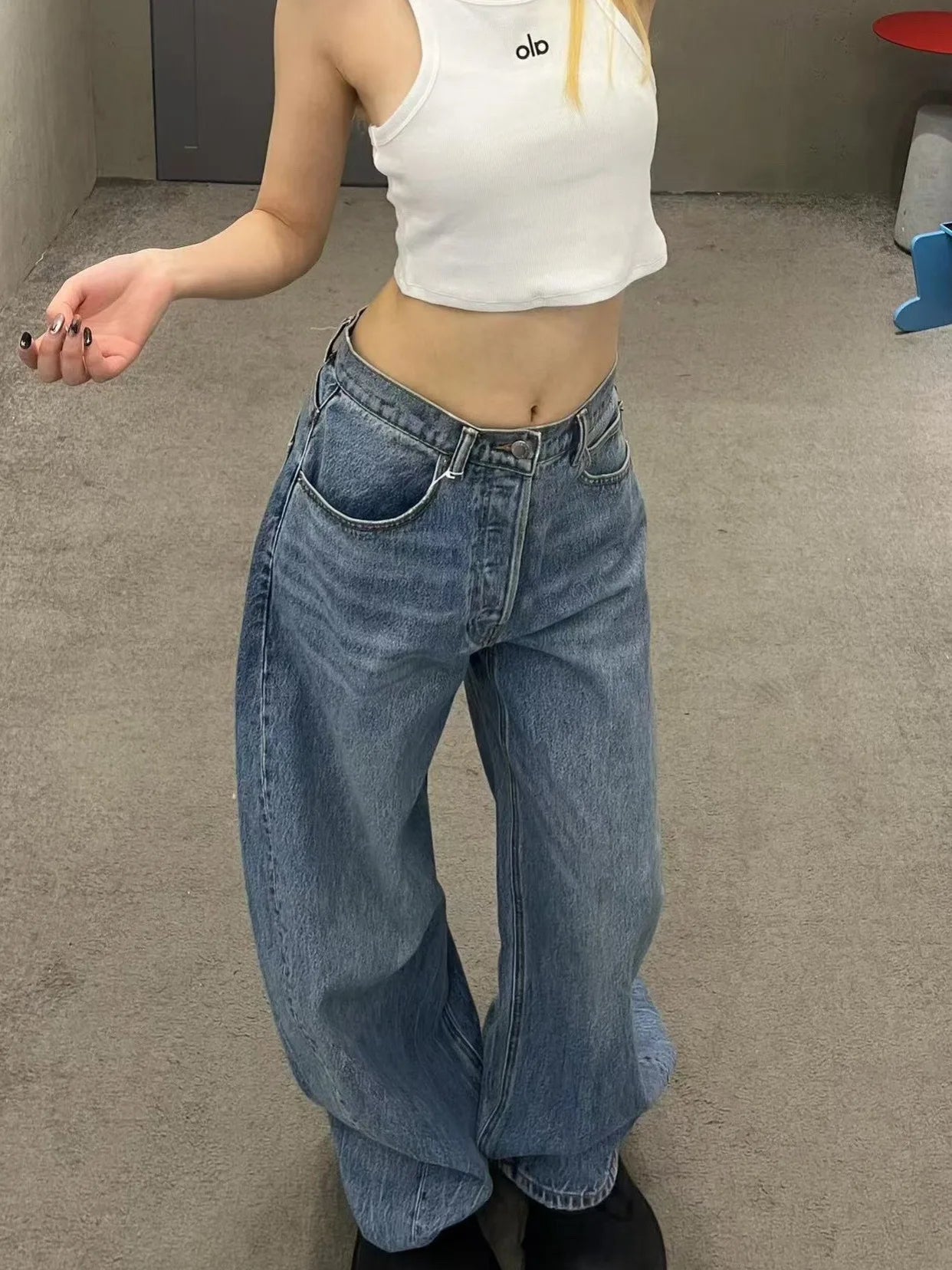 Gradient Spring 2025 Blue Jeans Women Y2K Vintage High Waisted Jeans Straight Streetwear Loose Large Wide Leg Denim Pants