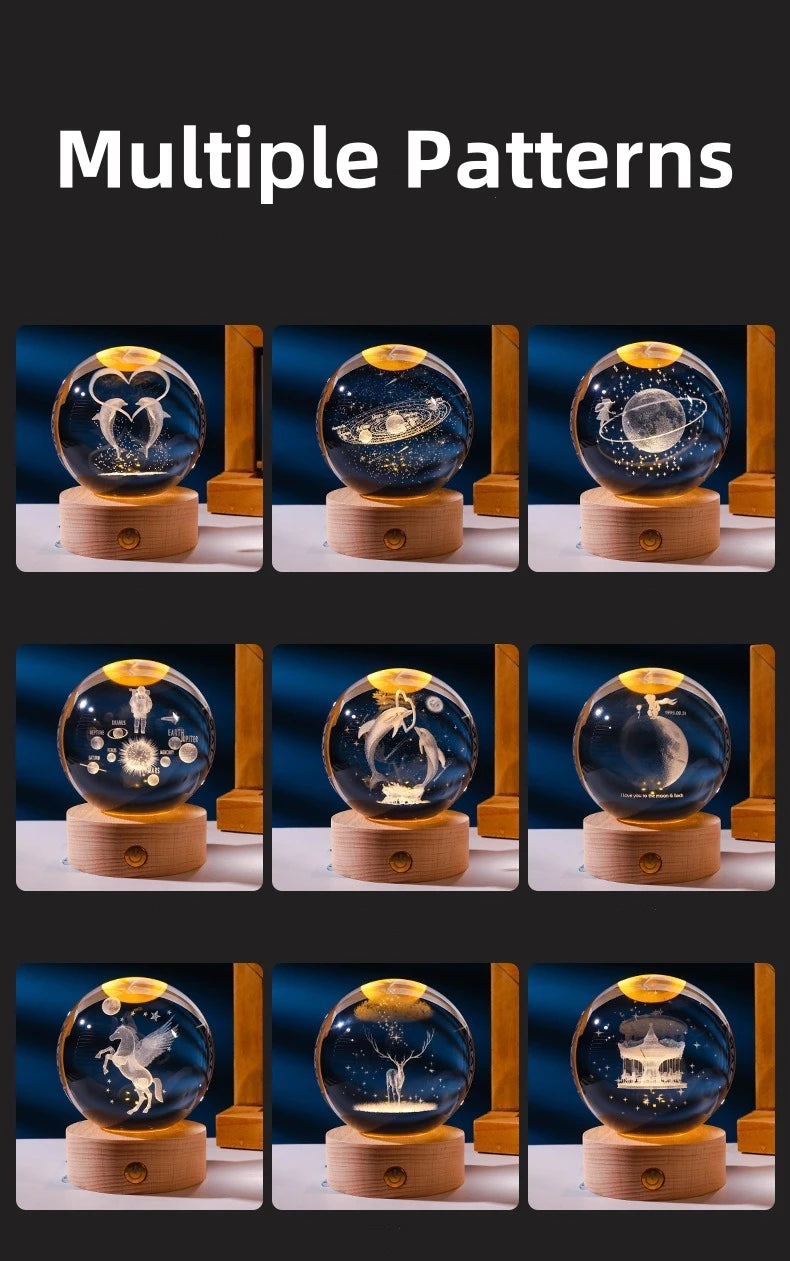 Small 3D Solar System Crystal Ball With LED Base, Night Light For Home Decoration, Gift For Astronomy Lovers
