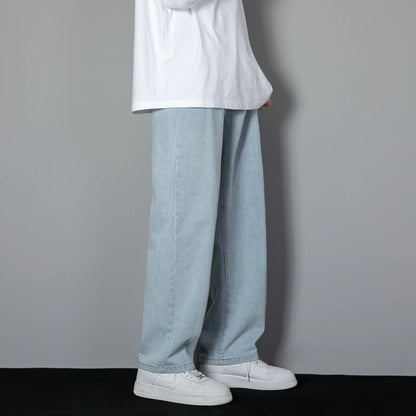 2025 New Korean Men's Casual Long Jeans Classic Man Straight Denim Wide-leg Pants Solid Color Light Blue Grey Black
