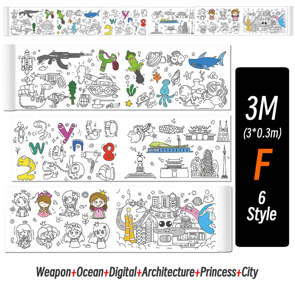 0.9/3M Space Food Animal Canvas Children's Drawing Roll DIY Coloring Paper Roll Color Filling Graffiti Paper-cut Painting School