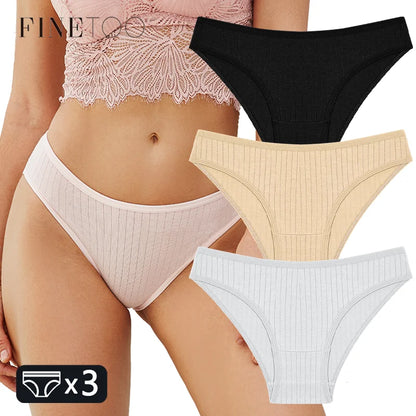 FINETOO 3PCS/SET Women's Cotton Panties Soft Striped Underpants Sexy Solid Color Briefs Female Comfortable Stretch Lingerie M-XL