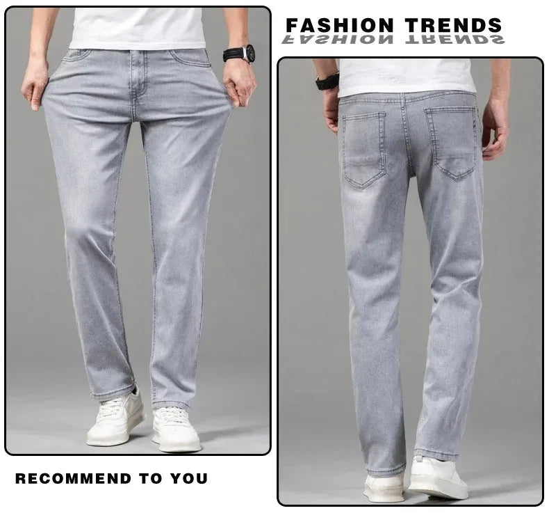 Summer Elastic Men's Jeans Fashion Gray Comfortable Business Straight Stretch Cotton Casual Denim Pants Brand Male Thin Trousers