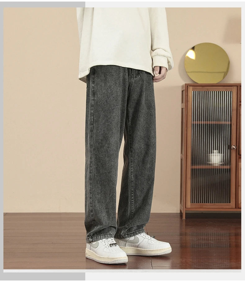 2023 New Korean Fashion Men's Casual Ankle-Length Jeans Classic Man Straight Denim Wide-leg Pants Light Blue Grey Black 3XL