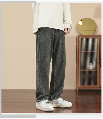 2023 New Korean Fashion Men's Casual Ankle-Length Jeans Classic Man Straight Denim Wide-leg Pants Light Blue Grey Black 3XL