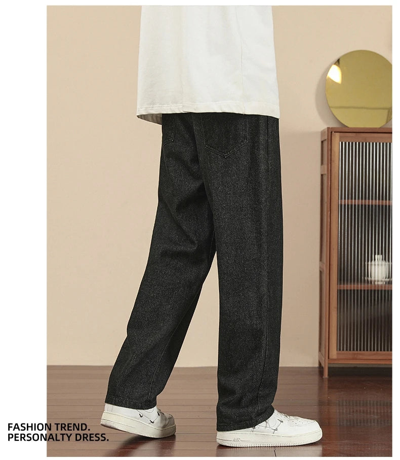2023 New Korean Fashion Men's Casual Ankle-Length Jeans Classic Man Straight Denim Wide-leg Pants Light Blue Grey Black 3XL